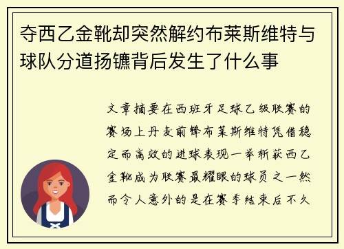 夺西乙金靴却突然解约布莱斯维特与球队分道扬镳背后发生了什么事